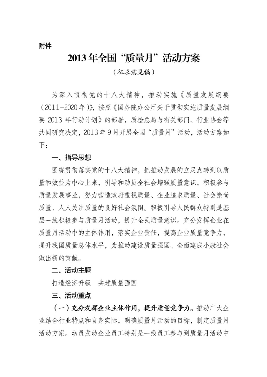 國(guó)家質(zhì)量監(jiān)督檢驗(yàn)檢疫總局《質(zhì)檢總局辦公廳關(guān)于征求<2013年全國(guó)&ldquo;質(zhì)量月&rdquo;活動(dòng)方案>意見的函》